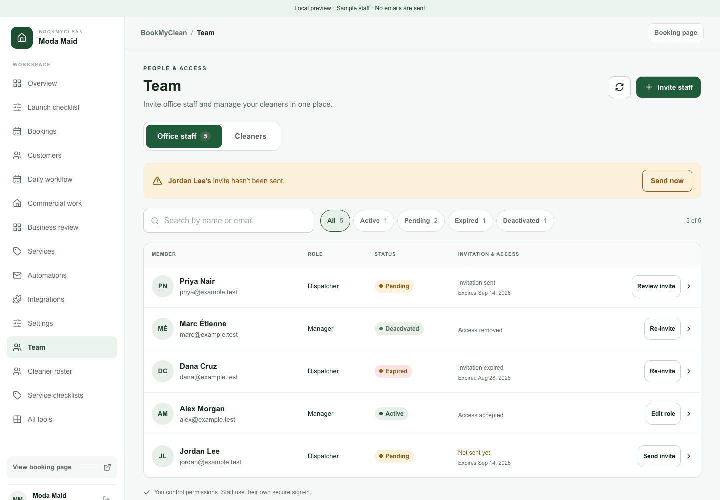 Team — actual application, sample data
